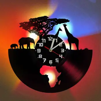 Afrikos Laukinės gamtos Dramblių Sieninis Laikrodis Vinilo Įrašas Sieninis Laikrodis Kūrybos Šviesą 16 Spalvų LED Laikrodžiai Namo Gyvenamasis Kambarys Decoratio
