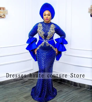 Royal Blue Undinė Plus Size Vakaro Suknelės 2023 Ilgomis Rankovėmis Nėrinių Zawalcowany Aso Ebi Stiliaus Moteris Prom Šalies Aprangą Užsakymą