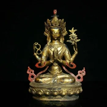12.2 Colių Senas Kinų Tibeto Budizmas Bronzos Raudona Paauksuoti Keturi Ginkluoti Avalokiteshvara Budos Statula