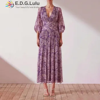 EDGLuLu Laisvalaikio Paplūdimio Bohemijos Violetinė Gėlių Spausdinti Suknelė Moterims, Elegantiškas V-Kaklo, Žibintų Rankovėmis Ilga Suknelė Atostogų Vestidos 0903