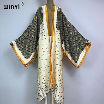 WINYI kimono afrikos spausdinti kaftans paplūdimio drabužiai padengti-ups, Elegantiškas Megztinis sexy Holiday beach komplektai moterų šilko jaustis vestidos