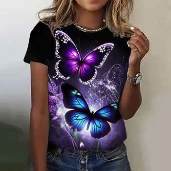 2023 Mados Moteris Marškinėliai 3D Drugelis Spausdinti Trumpas Rankovės Įgulos Kaklo Tee Prabanga Moterų marškinėliai Negabaritinių Y2k Drabužiai Mergaitėms