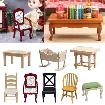 1PC 1/12 Mini Lėlių Miniatiūrinės Medinės Stalas Kavos staliukas, Kėdės Imitavimo Modelis Baldai Žaislai Doll House Dekoro