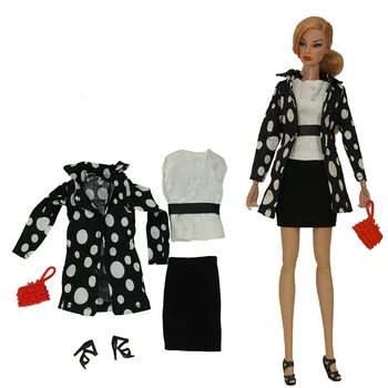 Drabužių set / juoda danga + balta + sijonas + krepšys + batai / 30cm lėlės drabužiai, apranga 1/6 Xinyi FR ST Barbie Lėlės