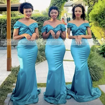 Satin nuo Peties Mėlynas Bridesmaid, Suknelės Moterims 2024 Persipintos Klostyti Nuotaka Tarnaitė Garbės Suknelė Ilgai Vestuves Suknelė