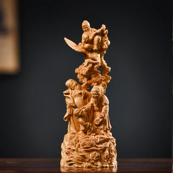 Boxwood 18cm Fu Shou Lu Skulptūra Medienos Budos Statula Trijų Žvaigždučių Palaima Ilgaamžiškumas Turtingas Dievo Namų Deco